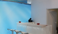 Individualstand bestehend aus vorgehängten Wandmodulen und eingespanntem und hinterleuchtetem Banner. Außerdem speziell angefertigtem Eisbergmodell und 3D-Schriftzug.